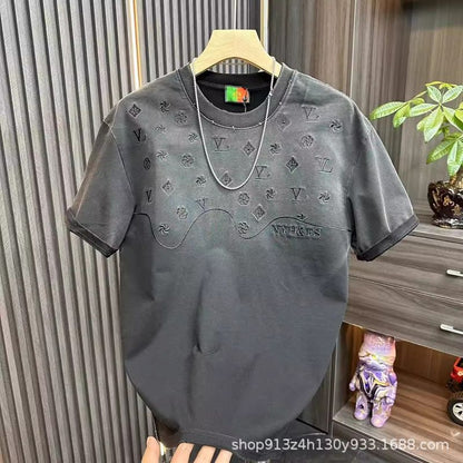Black embroidered round neck short sleeve T-shirt for men lifestyle shot TeenStylo