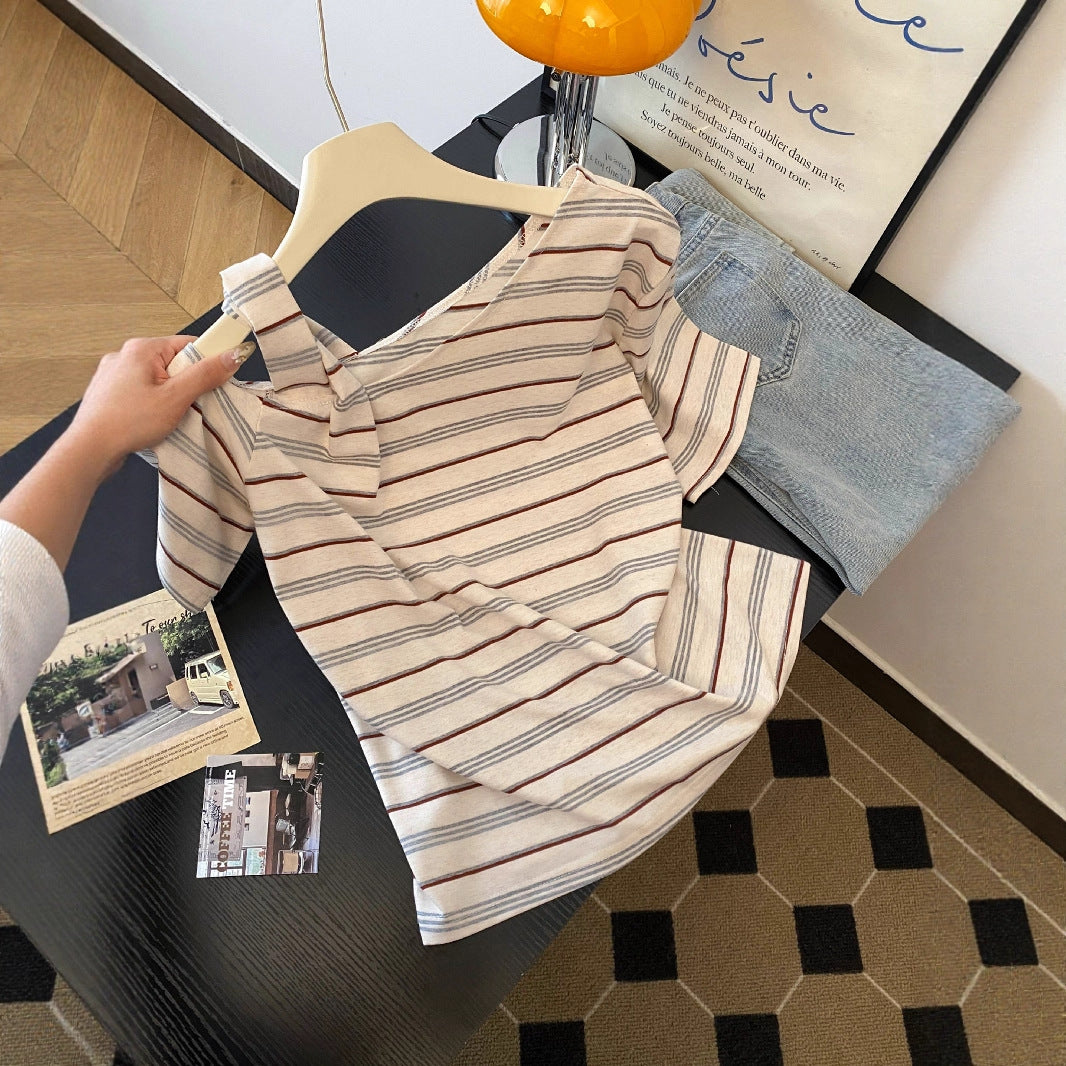 Striped off-shoulder short sleeve T-shirt women lifestyle style Y2K streetwear fashion TeenStylo