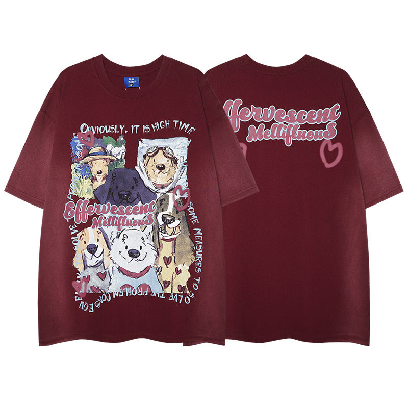 Close-up detail of dark reddish brown dog print washed graphic tee streetwear unisex t-shirt | TeenStylo