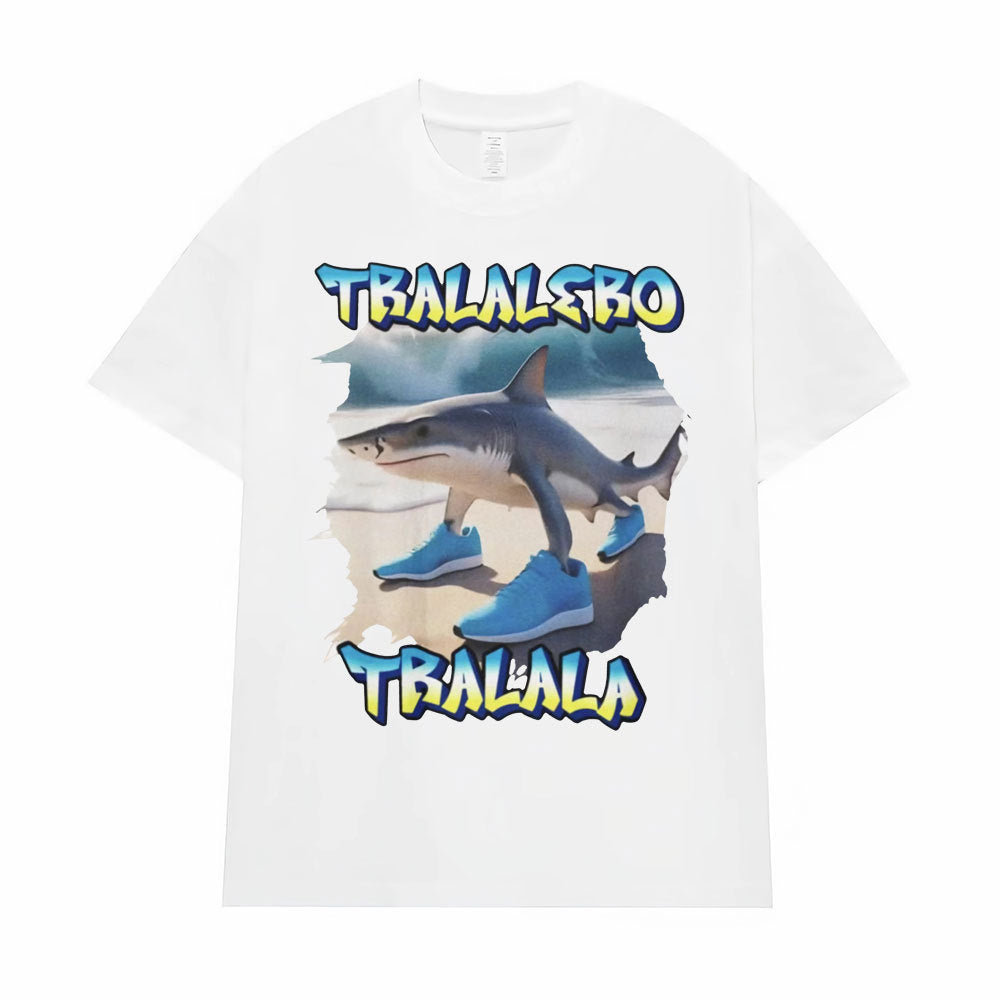 White Tralalero Tralala funny running shark meme graphic tee shirt worn by male model lifestyle shot TeenStylo