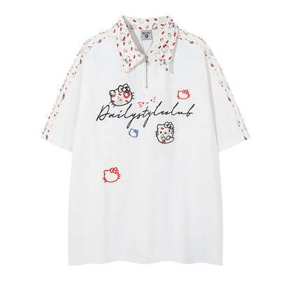White cartoon embroidery notched collar pure cotton short sleeve shirt for boys lifestyle shot | TeenStylo