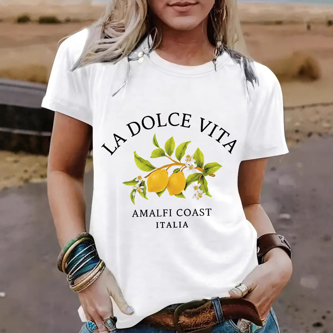 Black La Dolce Vita Lemon graphic detail on unisex women's T-shirt close-up | TeenStylo