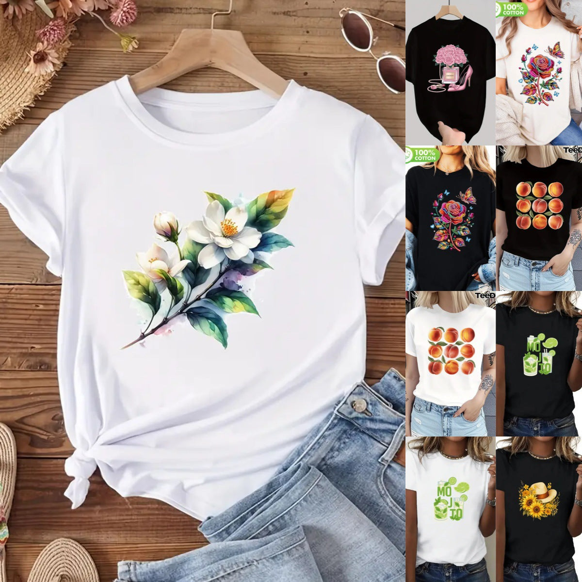 Women's printed short sleeve t-shirt in B8 colour, Y2K streetwear style, front view – TeenStylo