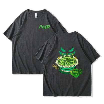 Dark grey unisex FELIZ CUMPLEANOS Ferxxo Tour graphic t-shirt streetwear style front view at TeenStylo