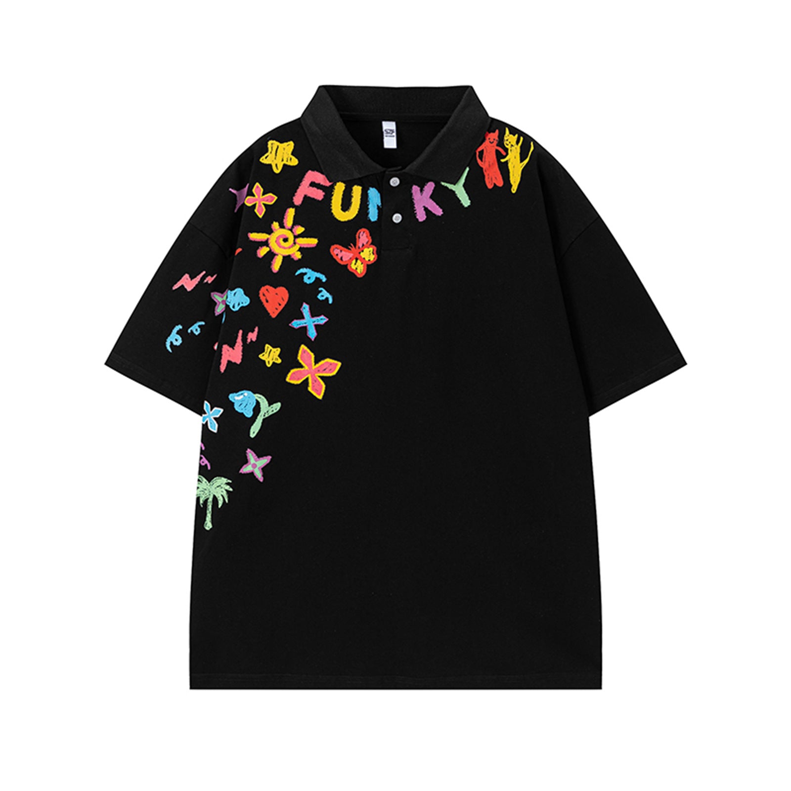 Black cartoon graffiti print short with turn-down collar, unisex streetwear lifestyle style – TeenStylo