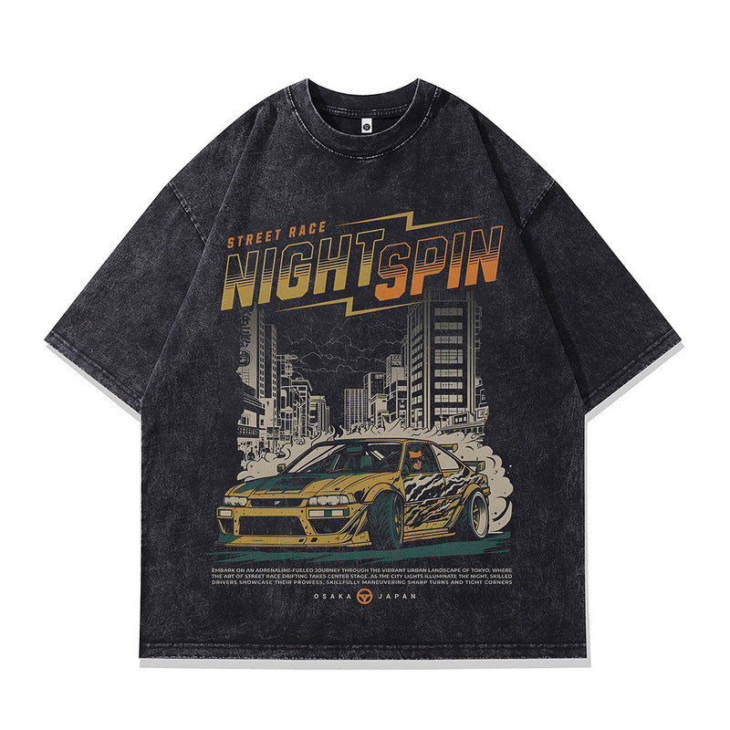 Men's pure cotton washed short sleeve tee in X735 lifestyle shot, Y2K streetwear style - TeenStylo