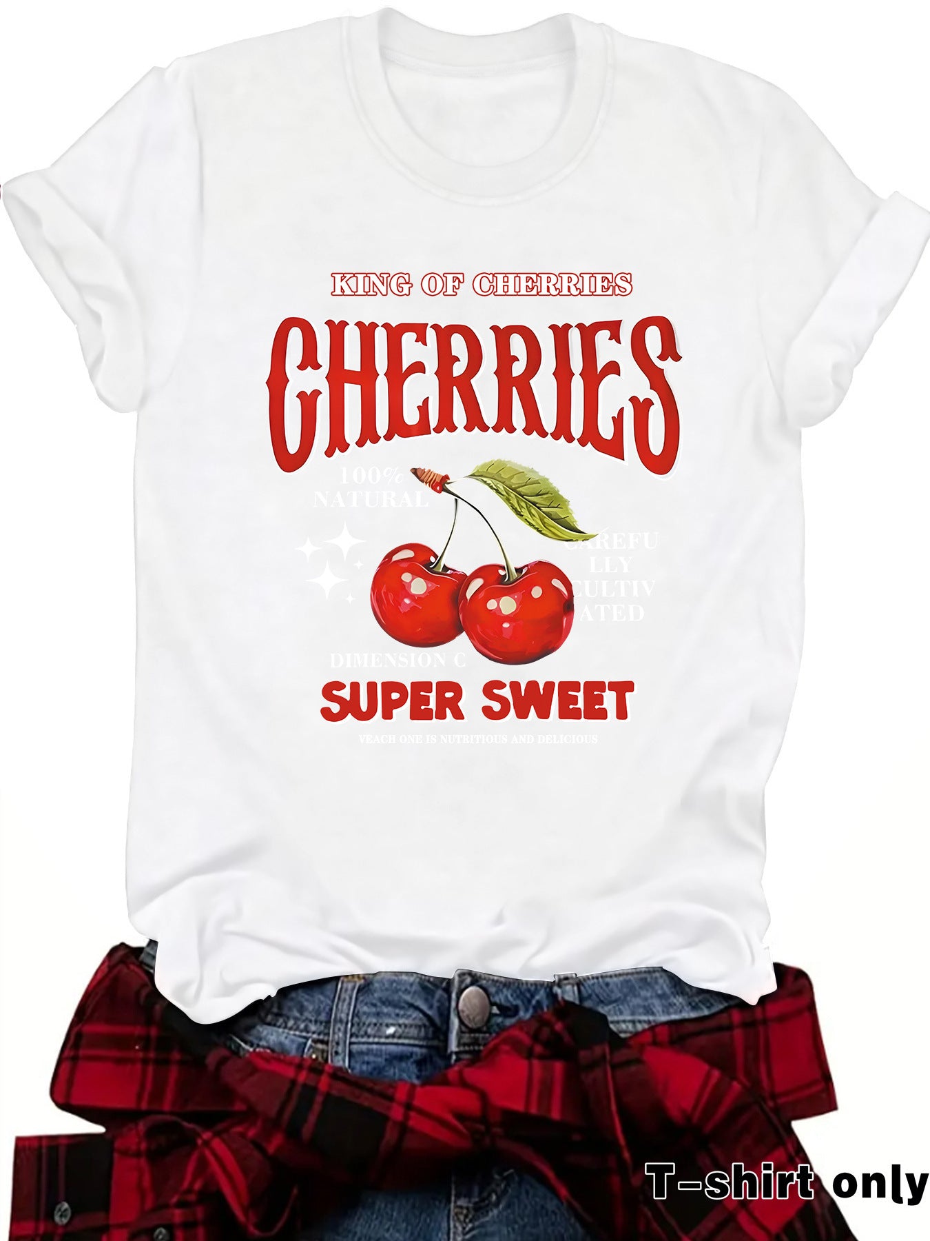 White unisex short sleeve cherry print T-shirt lifestyle shot TeenStylo