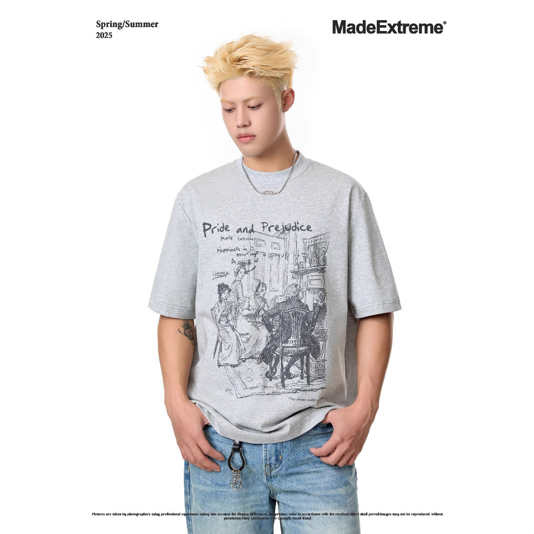 Unisex flower gray retro round neck short sleeve t-shirt lifestyle shot streetwear style TeenStylo