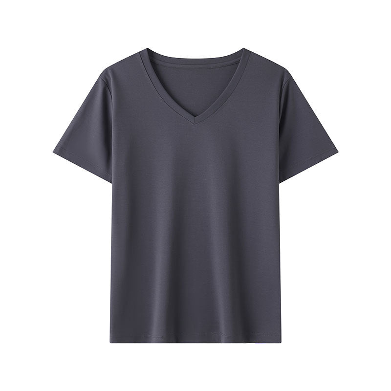 Gray women's V-neck short sleeve t-shirt styled in casual streetwear lifestyle look | TeenStylo