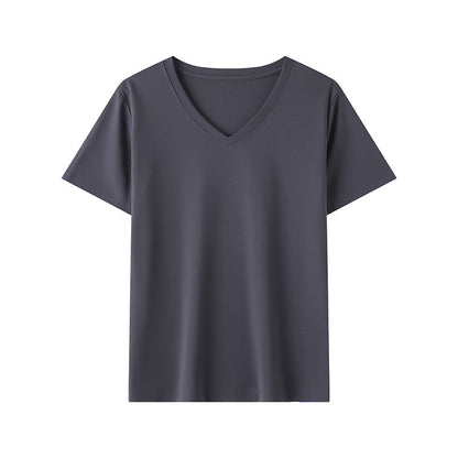 Gray women's V-neck short sleeve t-shirt styled in casual streetwear lifestyle look | TeenStylo