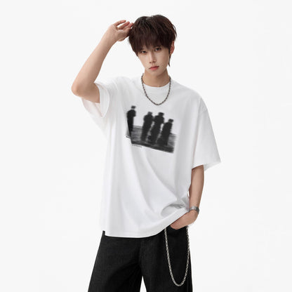 Close-up detail of white printed short sleeve mens t-shirt streetwear graphic design TeenStylo