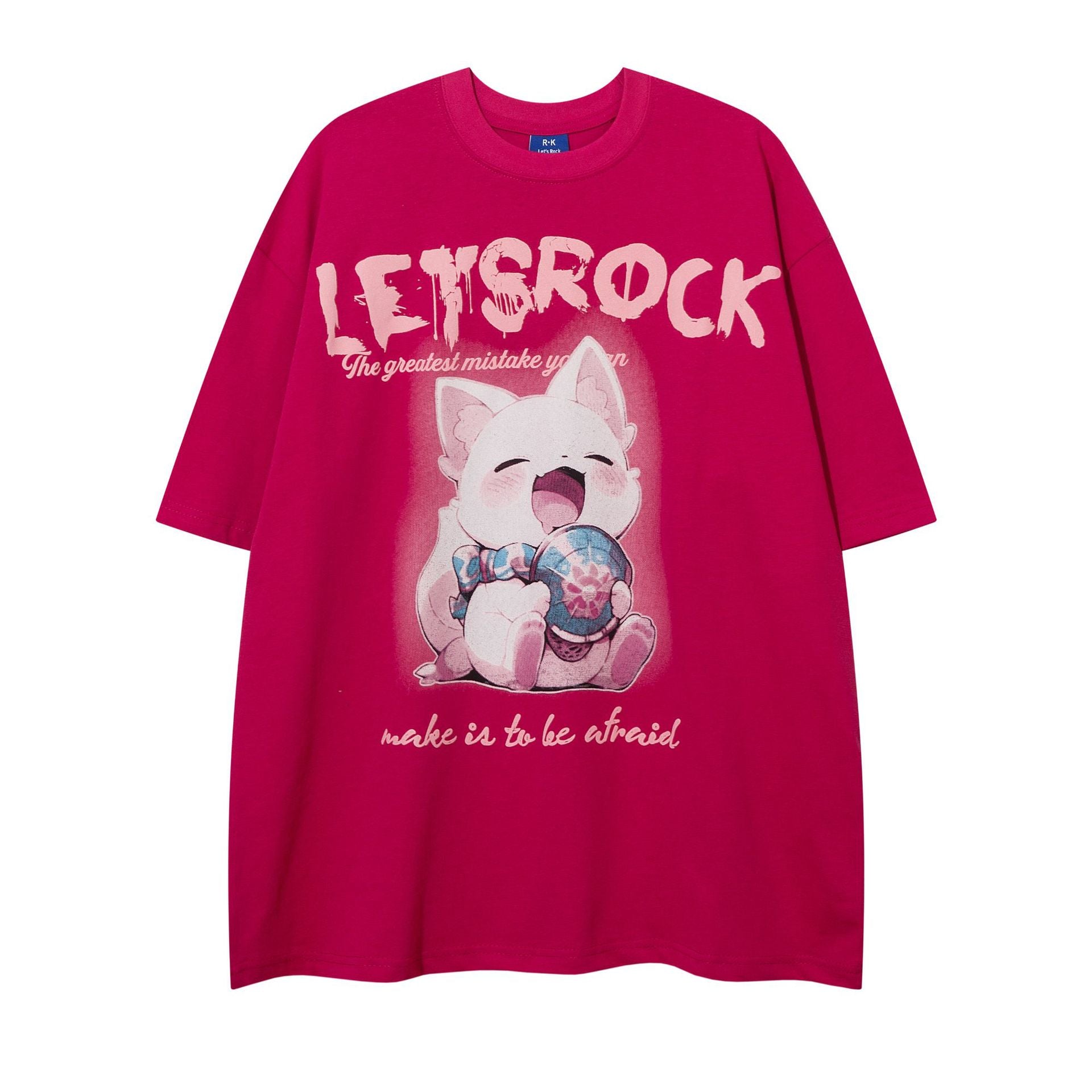 Red retro cartoon cute cat print short sleeve t-shirt men's lifestyle look TeenStylo