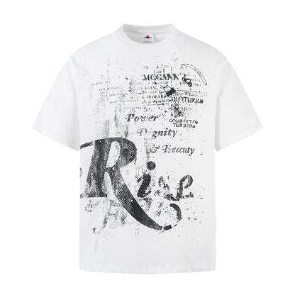 White men's ink splatter graffiti letter short sleeve t-shirt lifestyle shot - TeenStylo