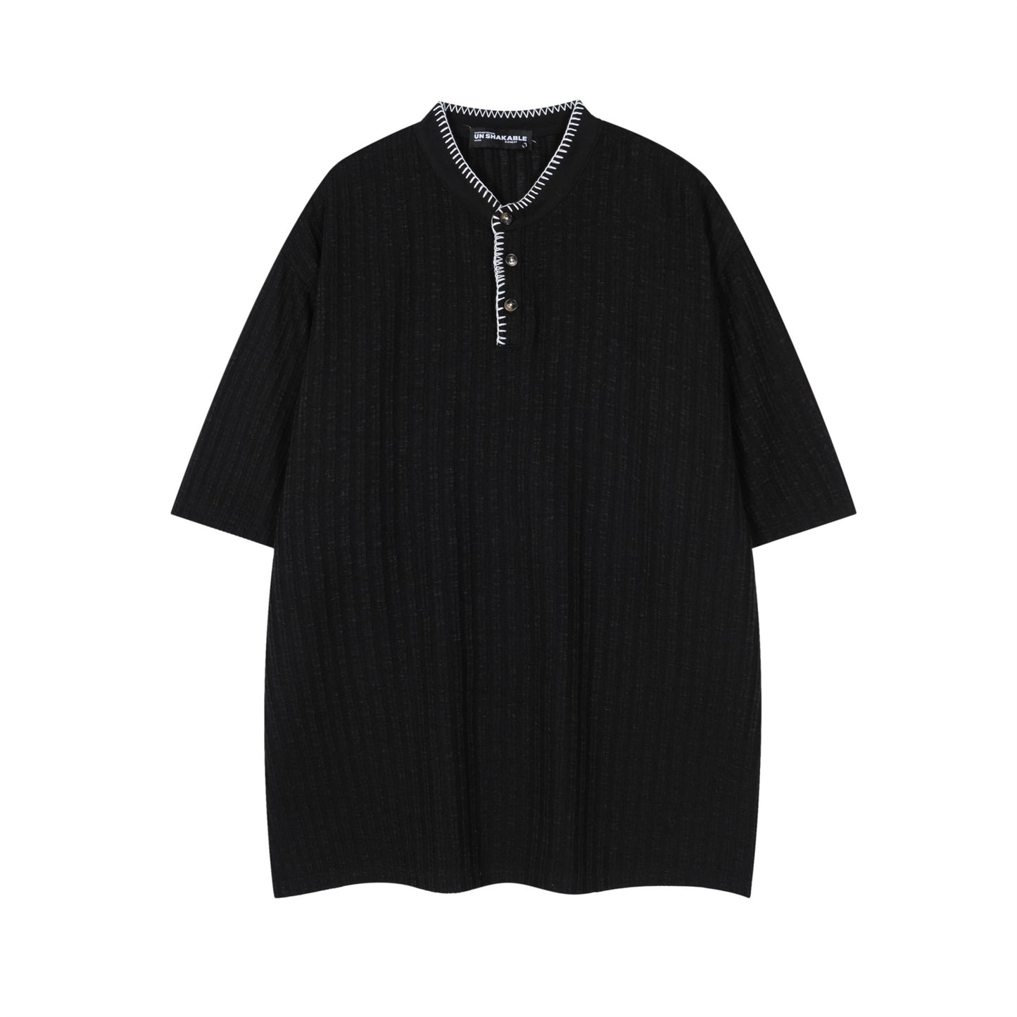 Black textured henley collar short sleeve t-shirt for men lifestyle shot TeenStylo