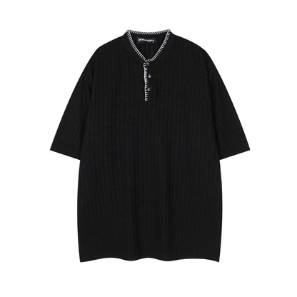 Black textured henley collar short sleeve t-shirt for men lifestyle shot TeenStylo