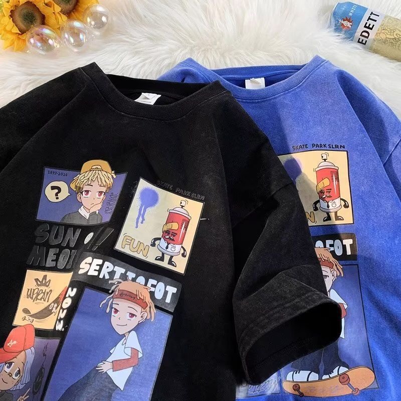 Plain black cartoon anime men's short sleeve casual T-shirt front view | TeenStylo
