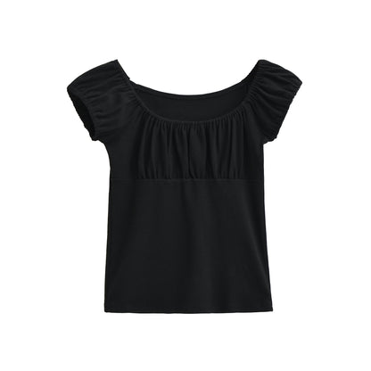 Black slim fit short sleeve women's T-shirt front view – Y2K streetwear style | TeenStylo