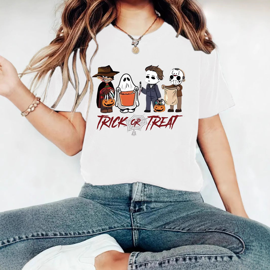 Black funny character print detail close-up on women's short sleeve T-shirt | TeenStylo