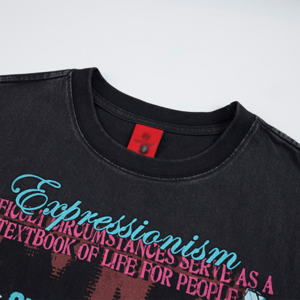 Gray distressed cotton t-shirt anime cartoon print close-up detail unisex streetwear TeenStylo