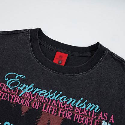 Gray distressed cotton t-shirt anime cartoon print close-up detail unisex streetwear TeenStylo