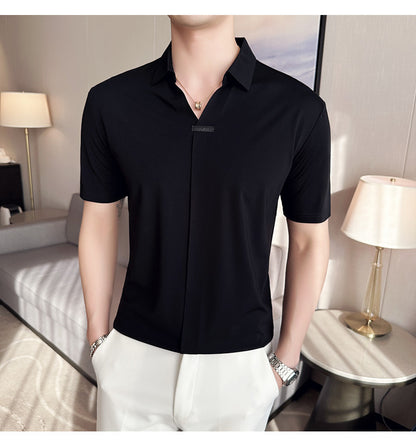 Black short sleeve polo shirt for men, streetwear style front view - TeenStylo