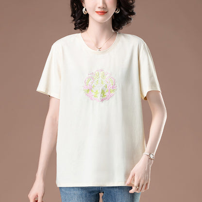 Milk beige unisex embroidered short sleeve T-shirt lifestyle shot - Y2K streetwear fashion at TeenStylo