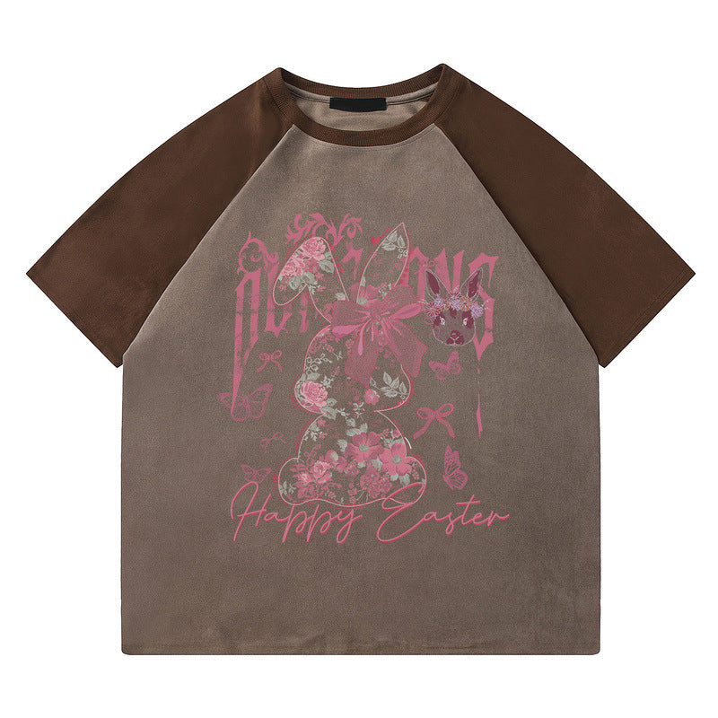Brown unisex loose velvet short sleeve T-shirt lifestyle shot, casual couple streetwear style at TeenStylo