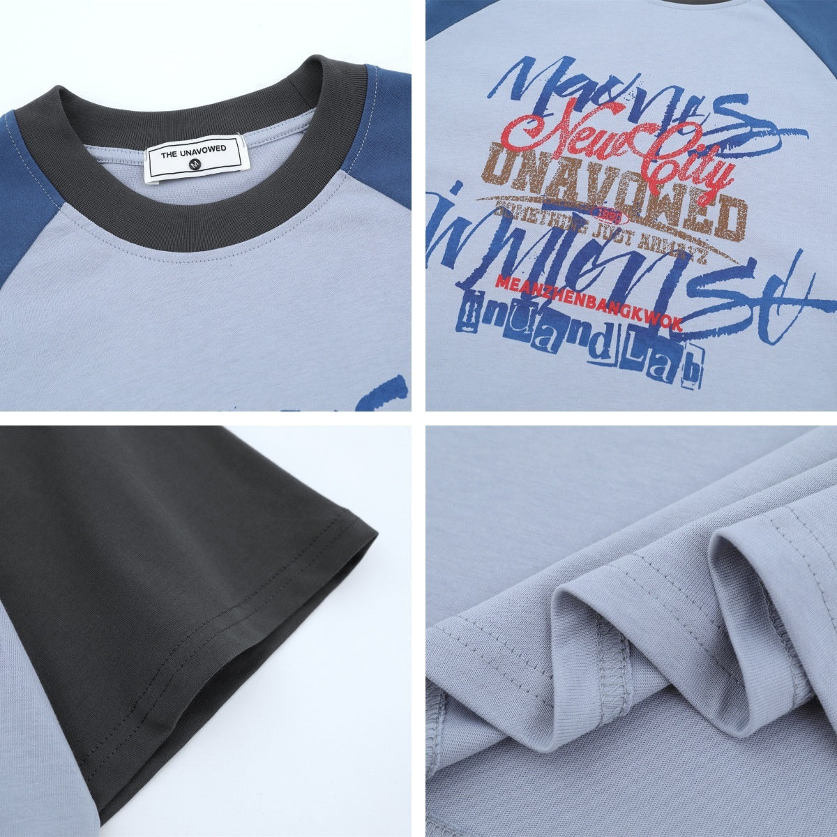 Blue retro colorblock raglan sleeve hand-painted letter sweatshirt lifestyle look | TeenStylo