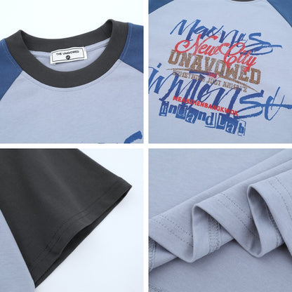 Blue retro colorblock raglan sleeve hand-painted letter sweatshirt lifestyle look | TeenStylo