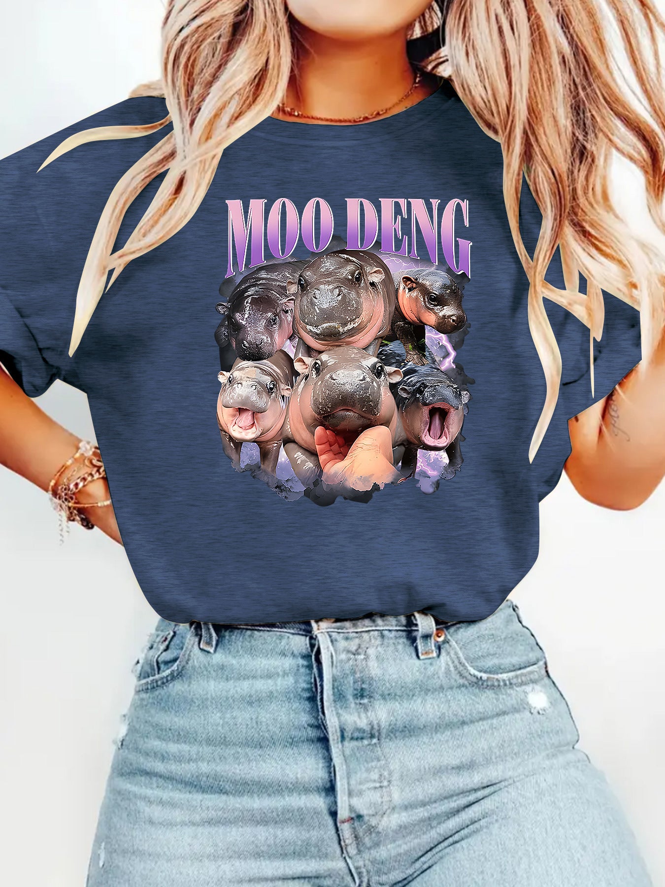 Royal blue unisex women's T-shirt with bouncing pig print, Y2K streetwear style lifestyle shot - TeenStylo