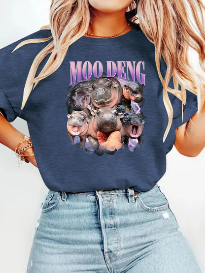 Royal blue unisex women's T-shirt with bouncing pig print, Y2K streetwear style lifestyle shot - TeenStylo