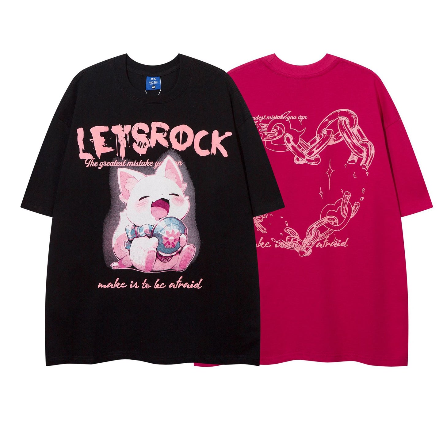 Red retro cartoon cute cat print short sleeve t-shirt men's lifestyle shot TeenStylo