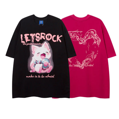 Red retro cartoon cute cat print short sleeve t-shirt men's lifestyle shot TeenStylo