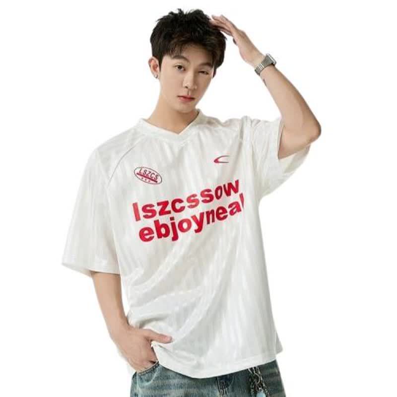 White V-neck ice silk sports jersey tee close-up detail showing cool touch fabric texture for men | TeenStylo