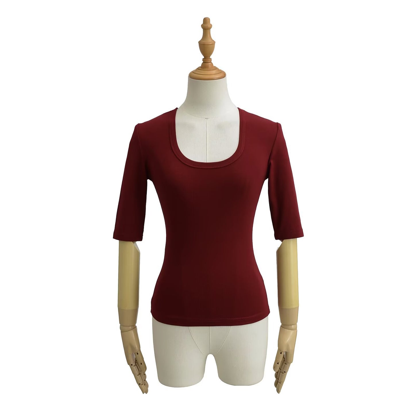 Wine red elastic U-neck fitted tee fabric detail close-up, mid-sleeve lockbone stretch construction | TeenStylo