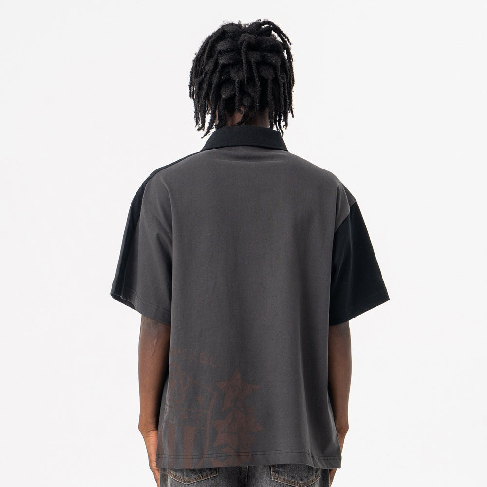 Gray streetwear polo collar t-shirt loose fit detail close-up stitching fabric texture | TeenStylo