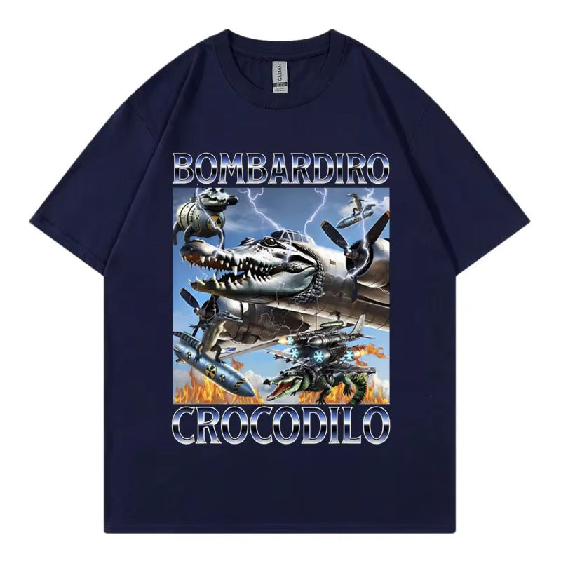 Unisex Bombardiro Crocodilo Plane Bomber graphic tee streetwear style lifestyle shot TeenStylo