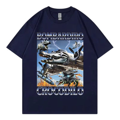 Unisex Bombardiro Crocodilo Plane Bomber graphic tee streetwear style lifestyle shot TeenStylo