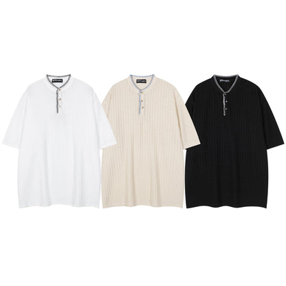 White men's textured henley collar short sleeve T-shirt streetwear style front view - TeenStylo