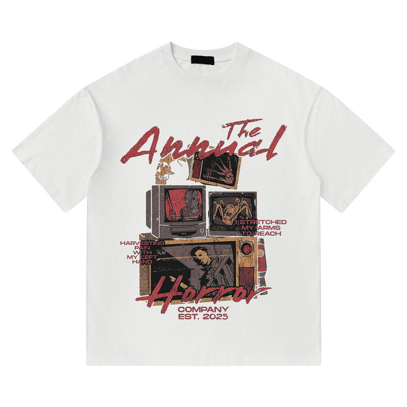 White men's crew neck short sleeve t-shirt lifestyle shot, Y2K streetwear style | TeenStylo