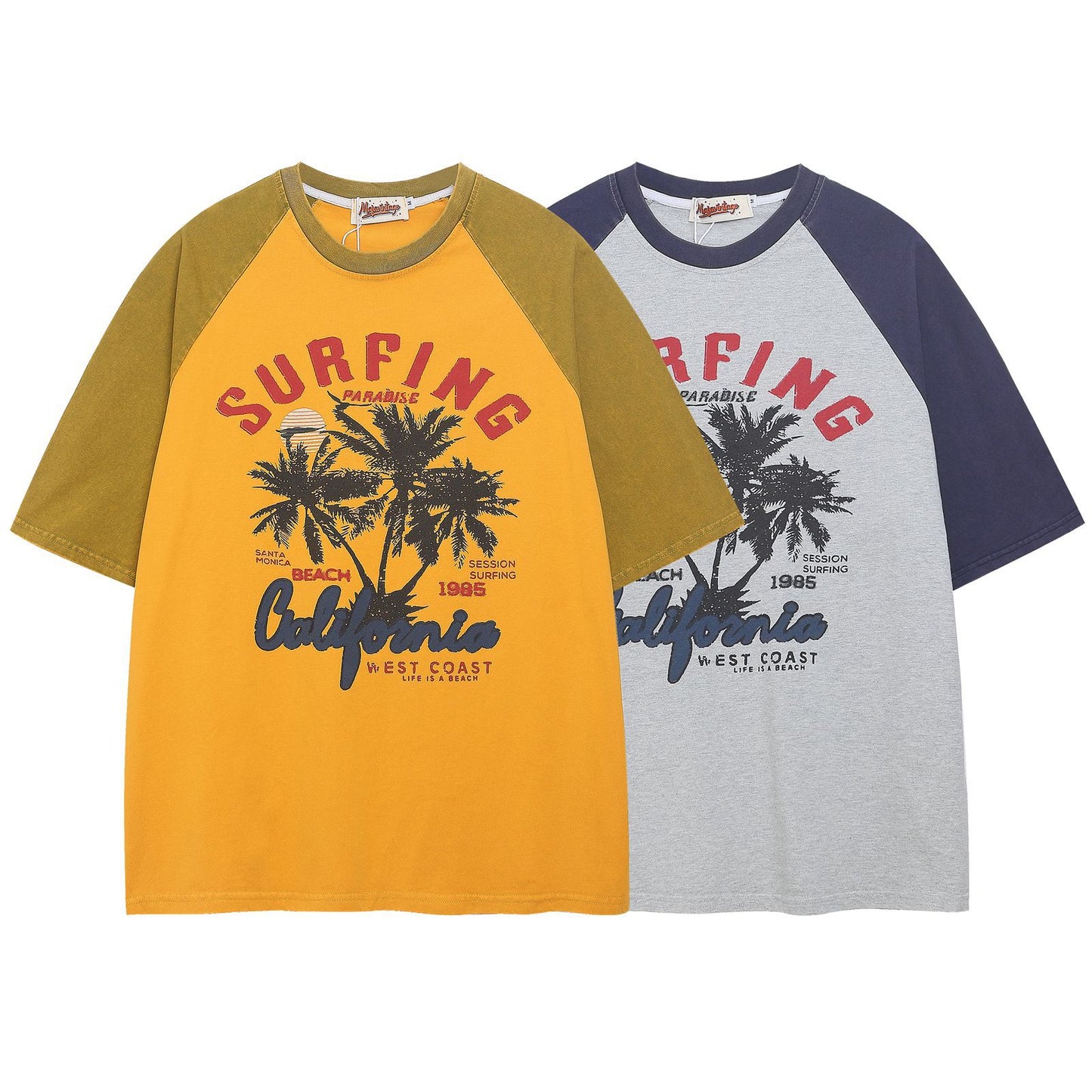 Gray retro colorblock coconut tree print unisex short sleeve tee lifestyle shot – TeenStylo