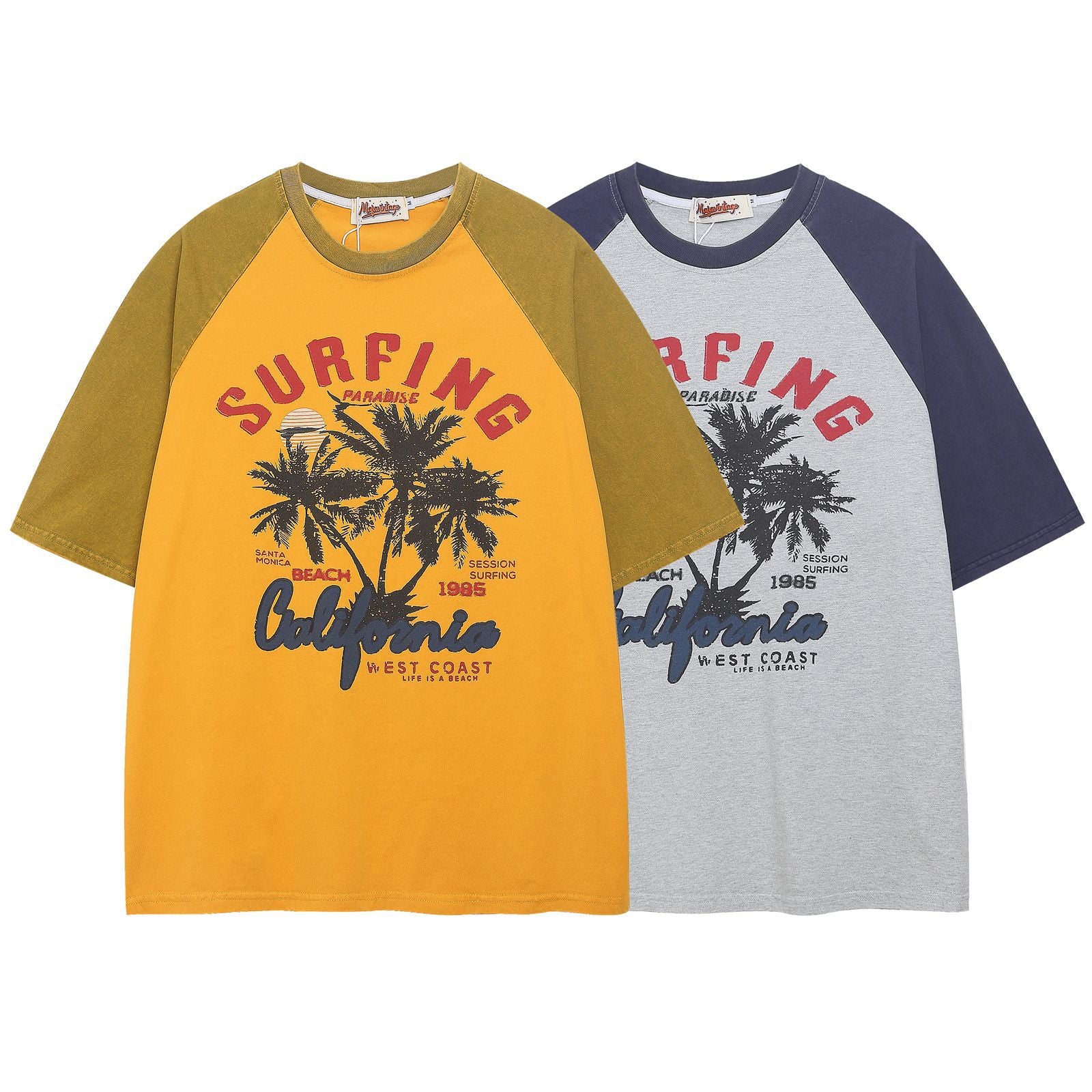 Gray retro colorblock coconut tree print unisex short sleeve tee lifestyle shot – TeenStylo