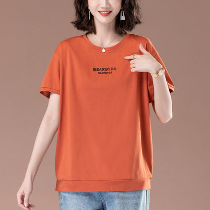 Back view of women's loose orange red printed short sleeve t-shirt streetwear style - TeenStylo