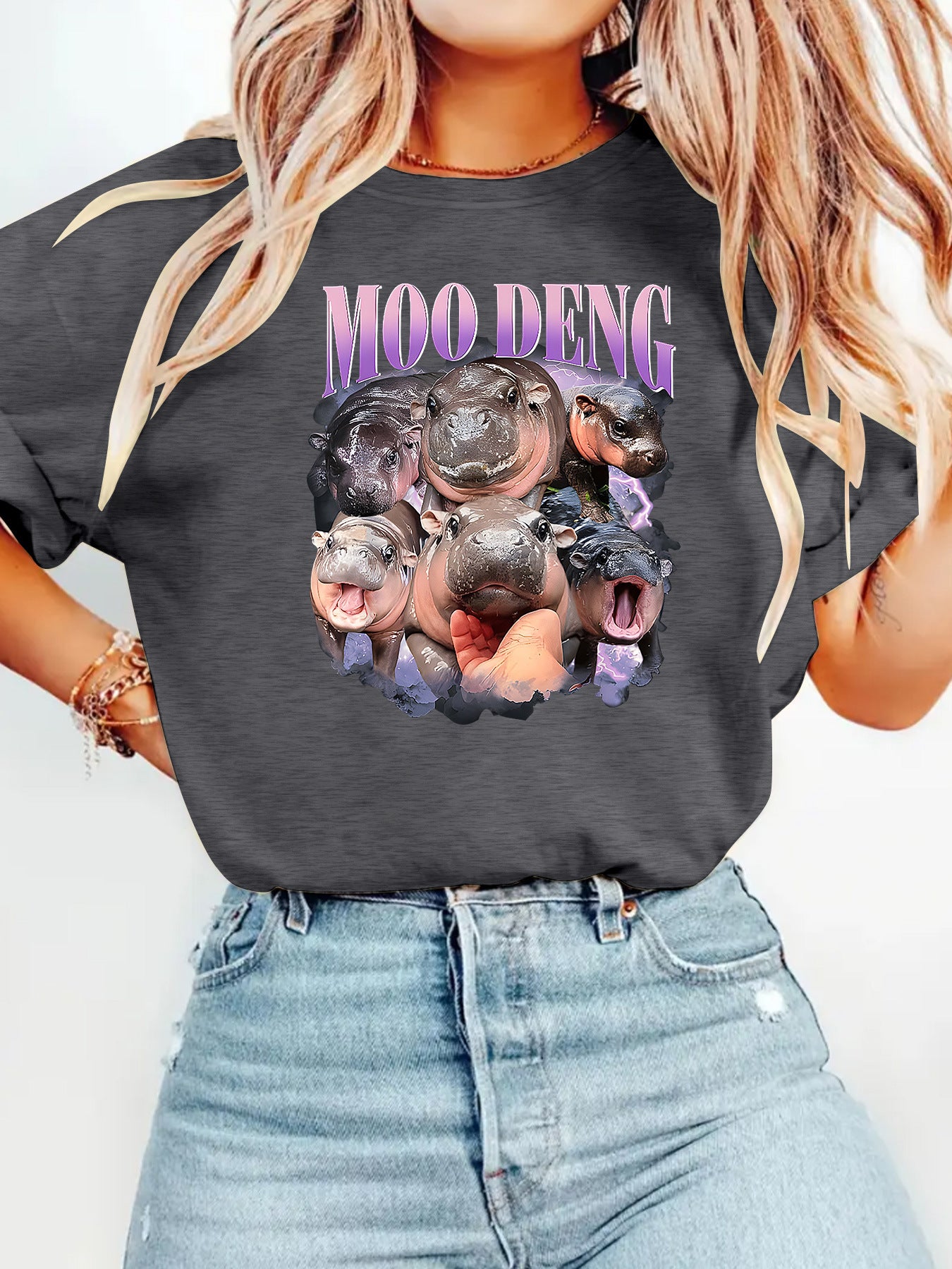 Floral black unisex T-shirt with bouncing pig print, Y2K streetwear style lifestyle shot - TeenStylo