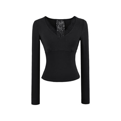 Black unisex V-neck long sleeve T-shirt women lifestyle wear, Y2K gothic streetwear style | TeenStylo