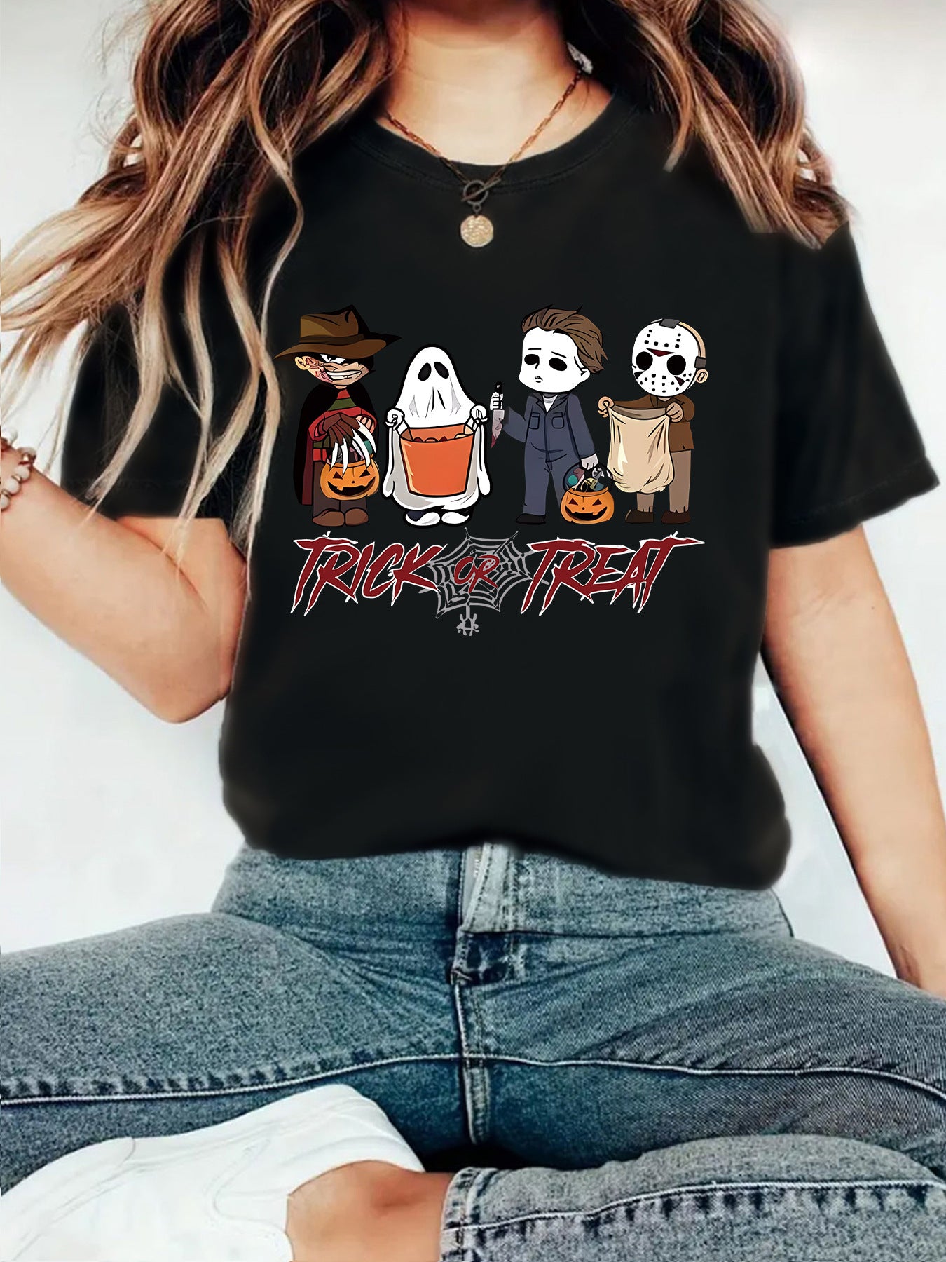 Black women's funny character print short sleeve T-shirt lifestyle shot – Y2K streetwear style | TeenStylo