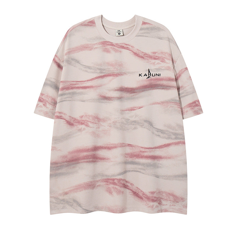 Gray pink unisex letter embroidery short sleeve T-shirt lifestyle shot, Y2K streetwear style – TeenStylo