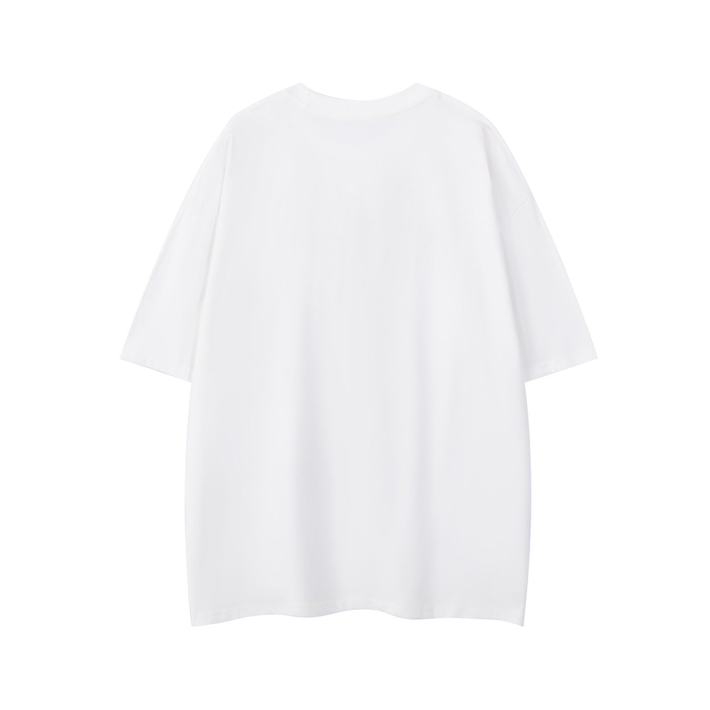 Close-up detail of white unisex streetwear graphic print short sleeve t-shirt design - TeenStylo