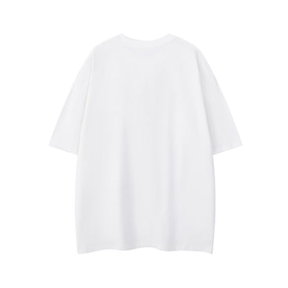 Close-up detail of white unisex streetwear graphic print short sleeve t-shirt design - TeenStylo