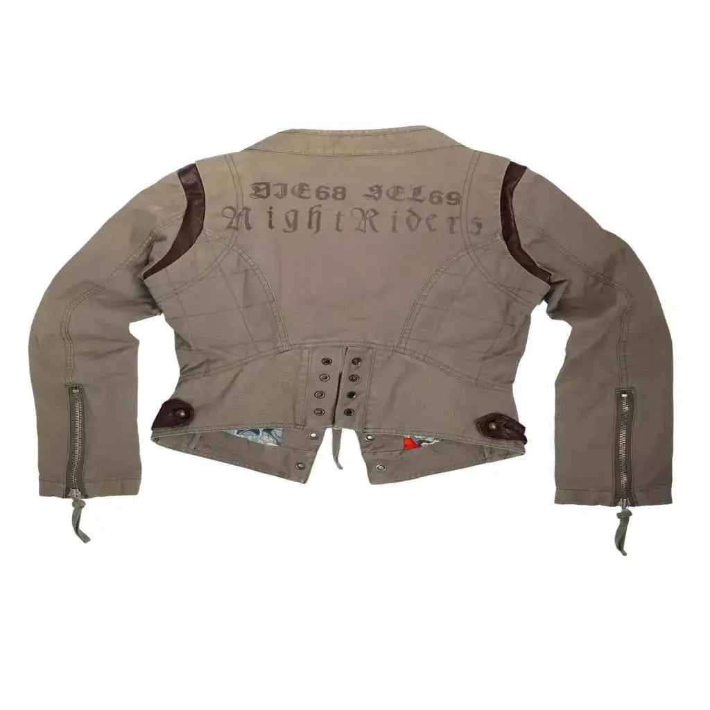 Y2K Retro Army Green Zipper Jacket for Women Harajuku Slim Fit Denim Coat Autumn Winter Short Stand Collar Goth Style